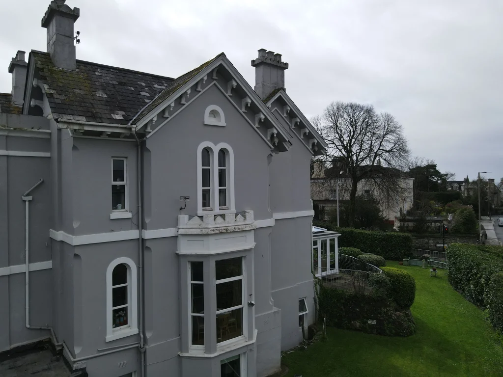 An aerial view of Chatsworth Residential Home, showing the roof, the garden and the conservatory