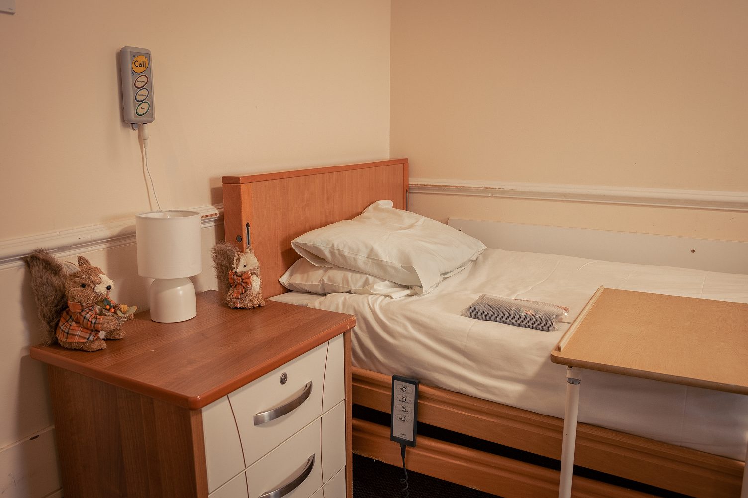 A single bedroom at The Elms with a profiling bed, bedside cabinet and nurse call point